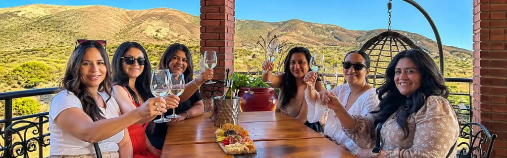 Friends cheering with wine glasses during a Valle de Guadalupe wine tasting tour in Baja California wine country near Ensenada, Mexico.
